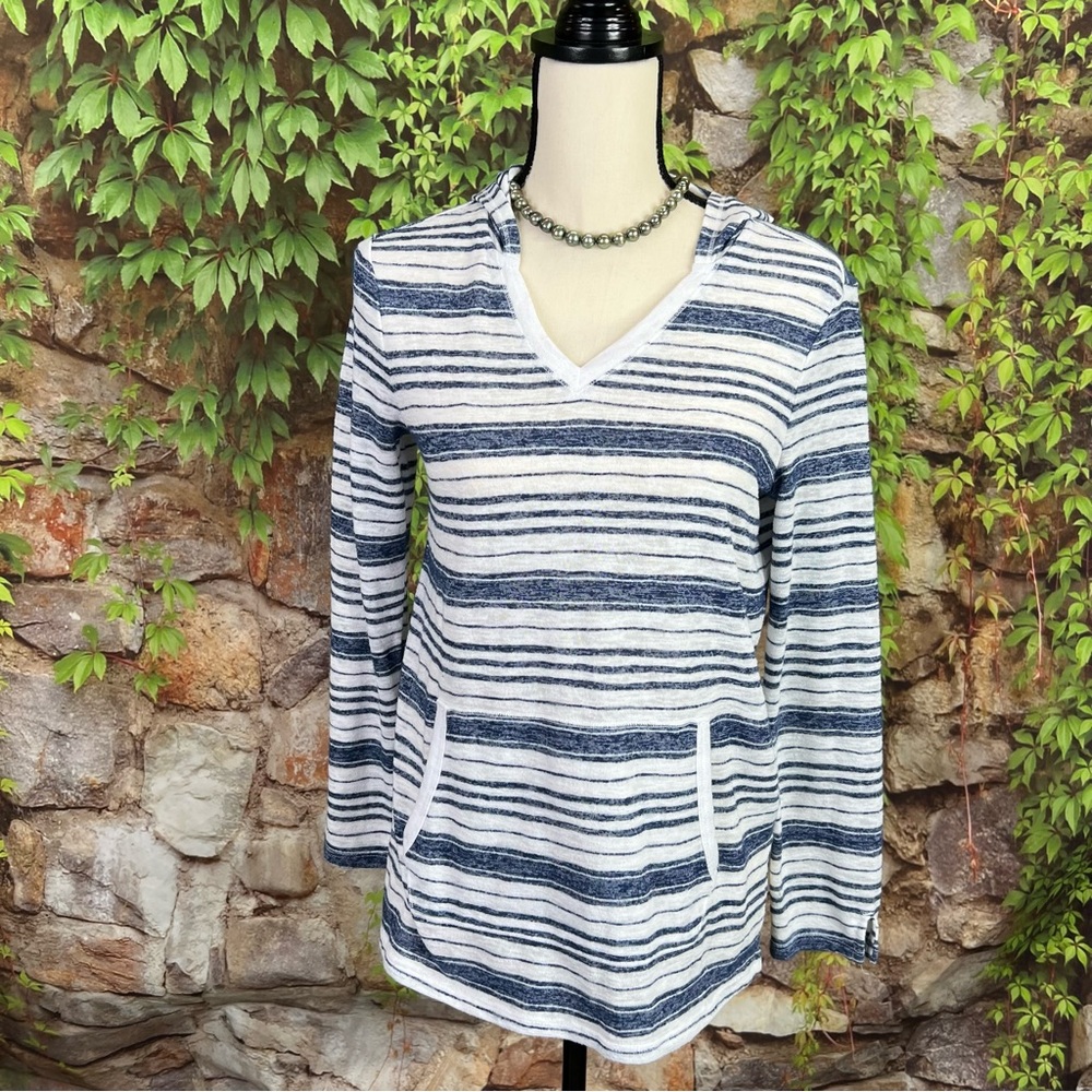 SUNDAY Nautical Casual Burnout Navy and White Striped Hoodie, XS - Picture 2 of 11